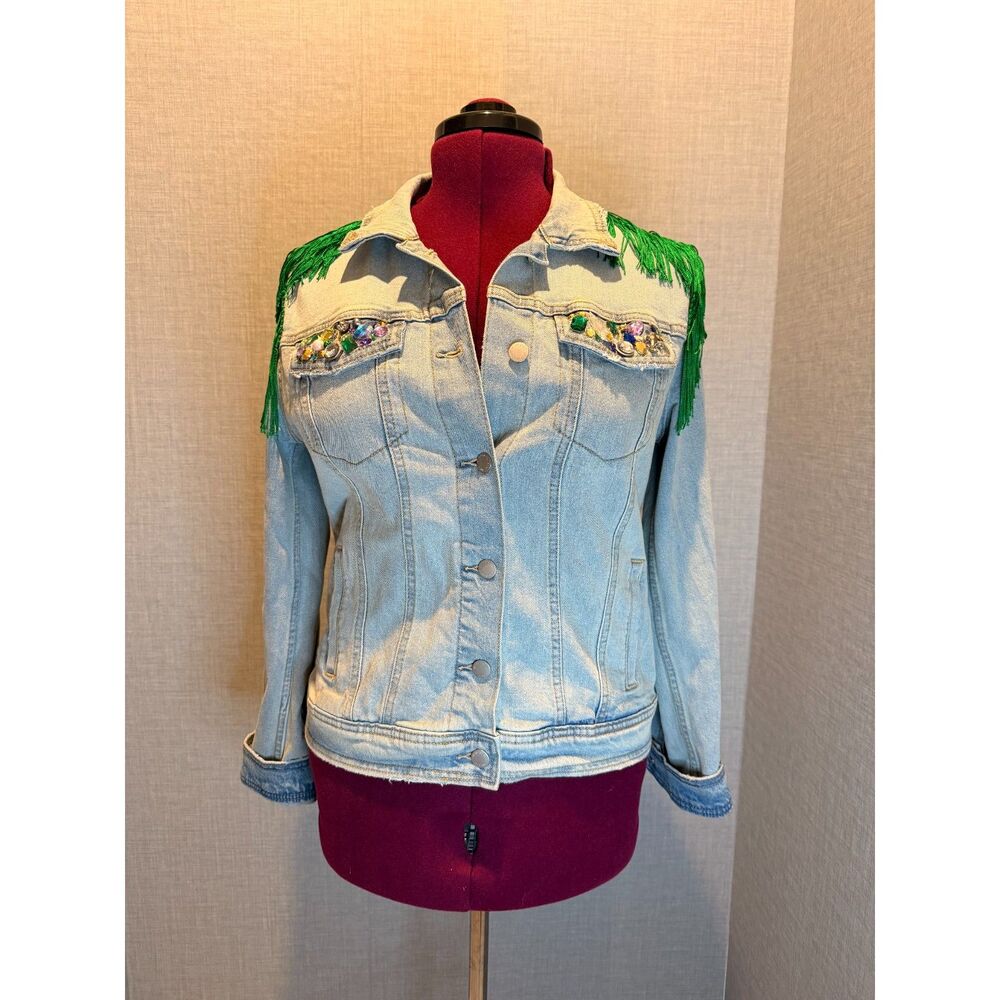 Mardi Gras Fringe Denim Jacket M Universal Thread Custom Rhinestone Sequin Glam